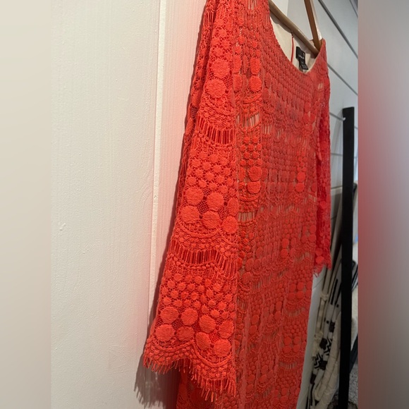 Laura Plus Coral Overlay Shear Lace shift dress with 3/4 length Boho fringe - Picture 3 of 12